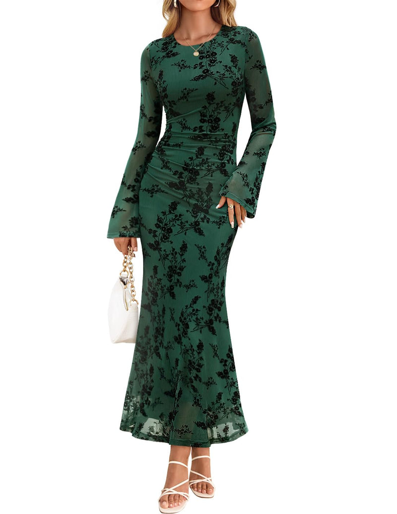 ZESICA Women's Long Sleeve Floral Bodycon Dress 2026 Spring Fall Ruched Mesh Wedding Guest Cocktail Party Maxi Dresses-19