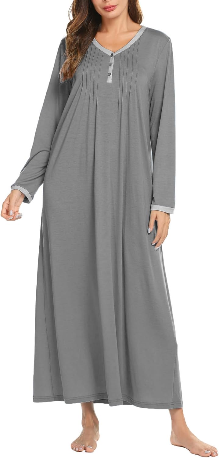 Ekouaer Women's Long Sleeve Nightgown Full Length Sleepwear Long Sleepshirts Henley Sleep Dress S-4XL-52