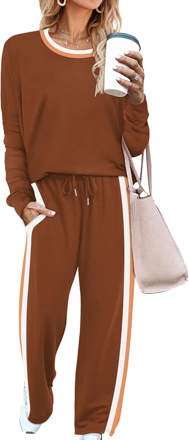 WIHOLL 2 Piece Lounge Sets for Women Long Sleeve Tops Wide Leg Sweatpants Sweatsuits with Pockets-37