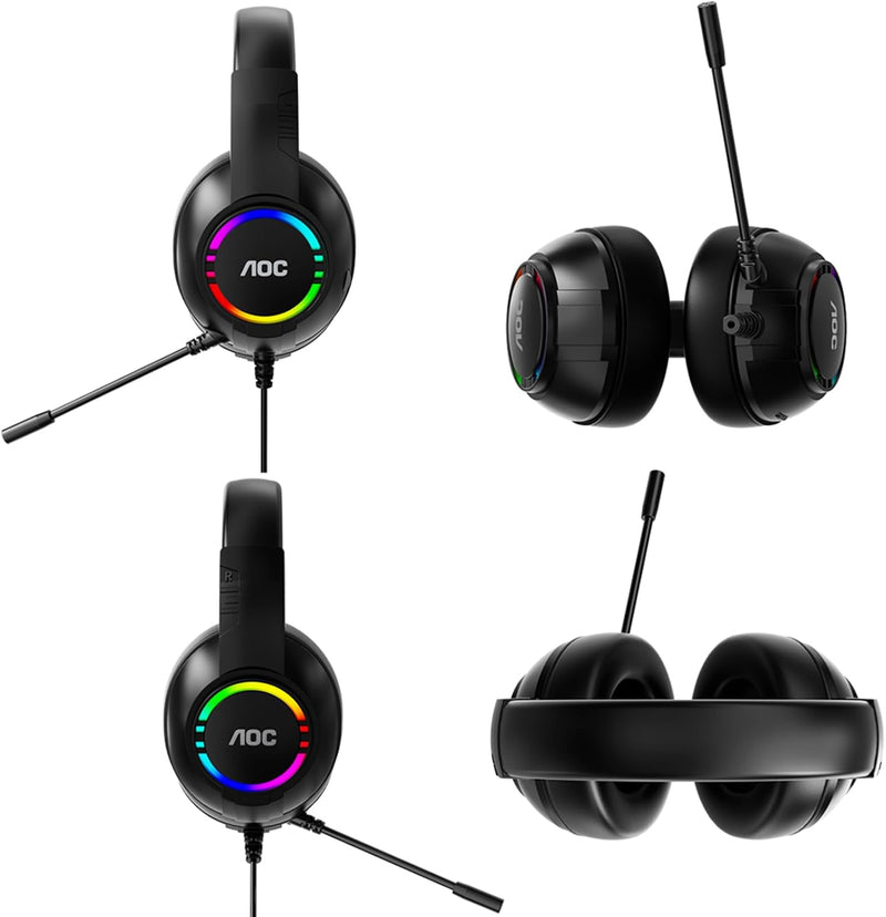 AOC Gaming Headset, Black Wired Gaming Headphones with 50mm Drivers, RGB USB Corded Headphone for PC/Laptops, Over Ear Headset with Mic for PS4/PS5/NS Switch(Docked Mode), ACG2510
