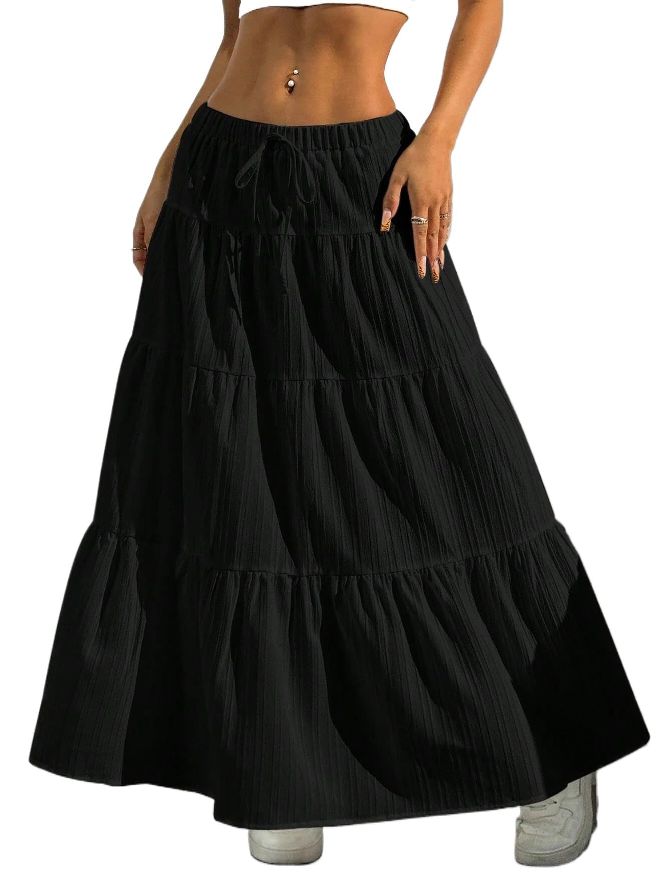 Maxi Skirts for Women Ruffle Hem A Line Long Skirts Elastic Waist Elegant Tiered Layer Boho Long Dress