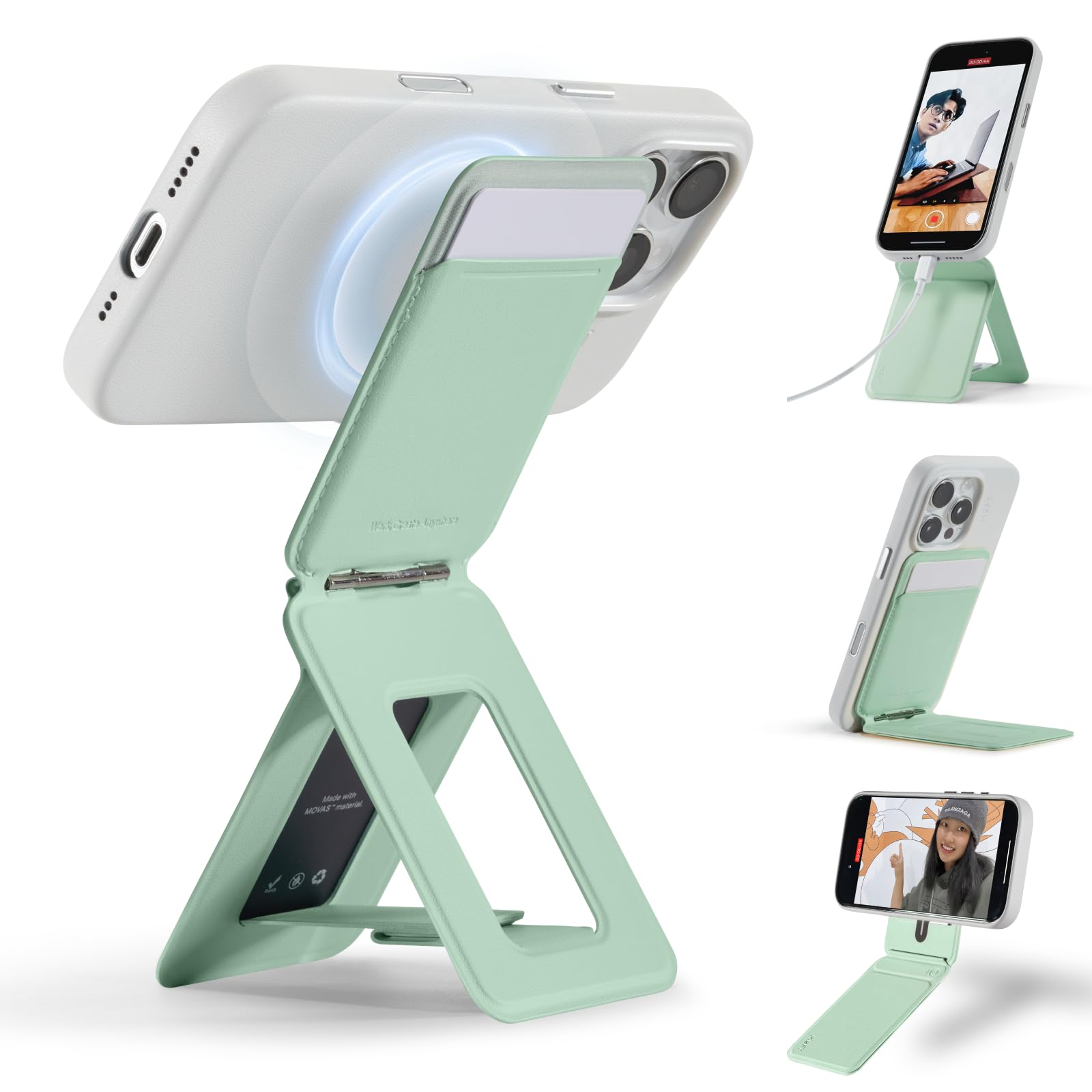 MOFT Phone Tripod Stand Selfie Stick for iPhone, Multi-Angles iPhone Stand, Lightweight & Portable Phone Holder, Strong Magnets, MOVAS Vegan Leather, Travel Essentials, Seafoam (Without Card Slot)