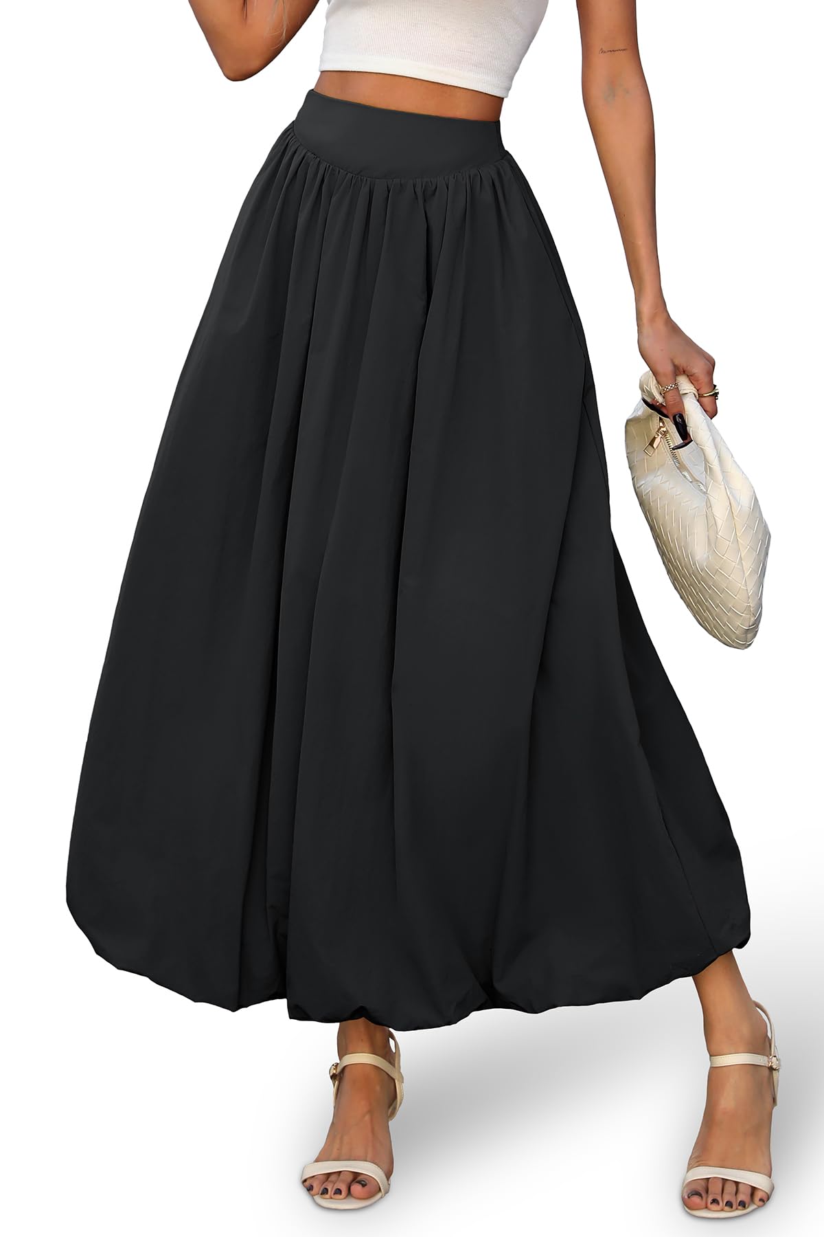 ELLEVEN Women's Bubble Maxi Skirt, Elastic Waist Puffy Hem A-Line Skirt with Pockets