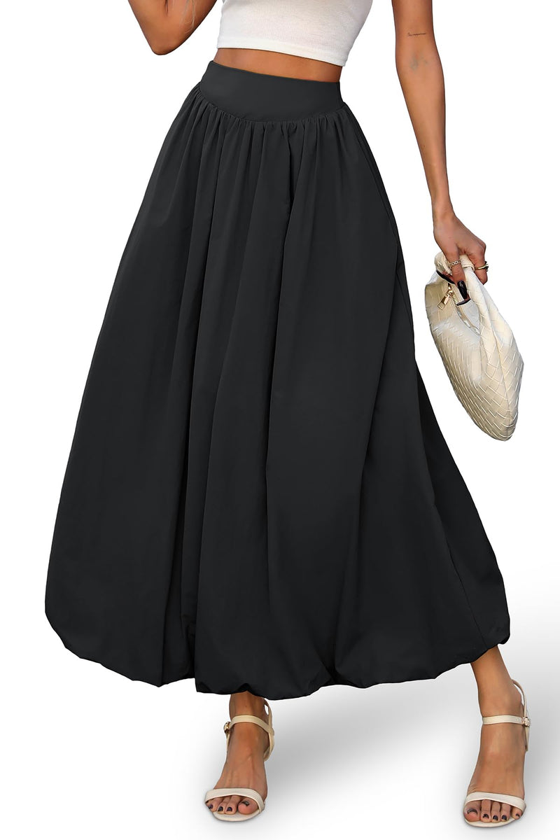 ELLEVEN Women's Bubble Maxi Skirt, Elastic Waist Puffy Hem A-Line Skirt with Pockets