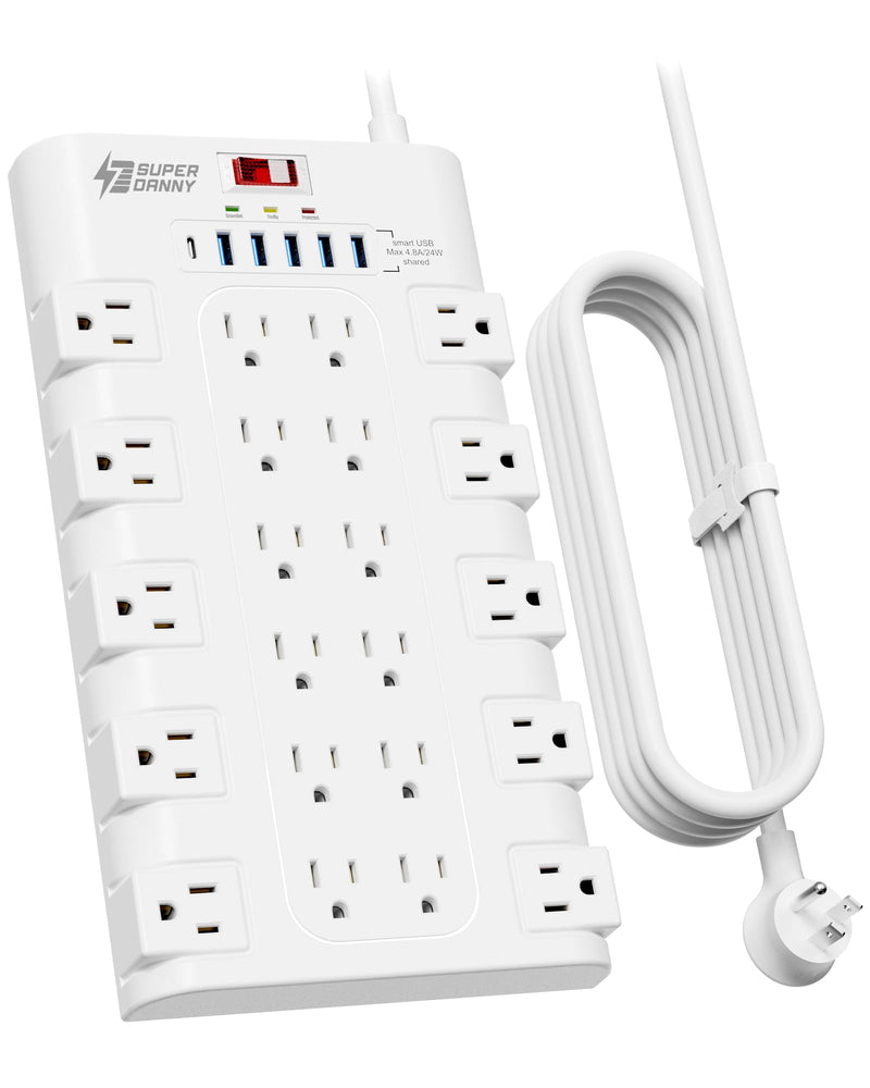 Power Strip, SUPERDANNY Surge Protector with 22 AC Outlets and 6 USB Charging Ports, 1875W/15A, 2100 Joules, 6.5Ft Flat Plug Heavy Duty Extension Cord for Home, Office, Dorm, Gaming Room, Black