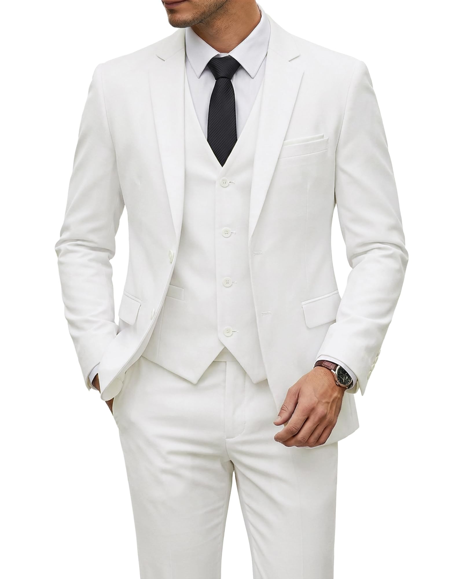 YND Men's 3 Piece Suit Set with Tie, 2 Button Slim Fit Solid Blazer Jacket Vest Pants, Business Wedding Party Suits for Men-42
