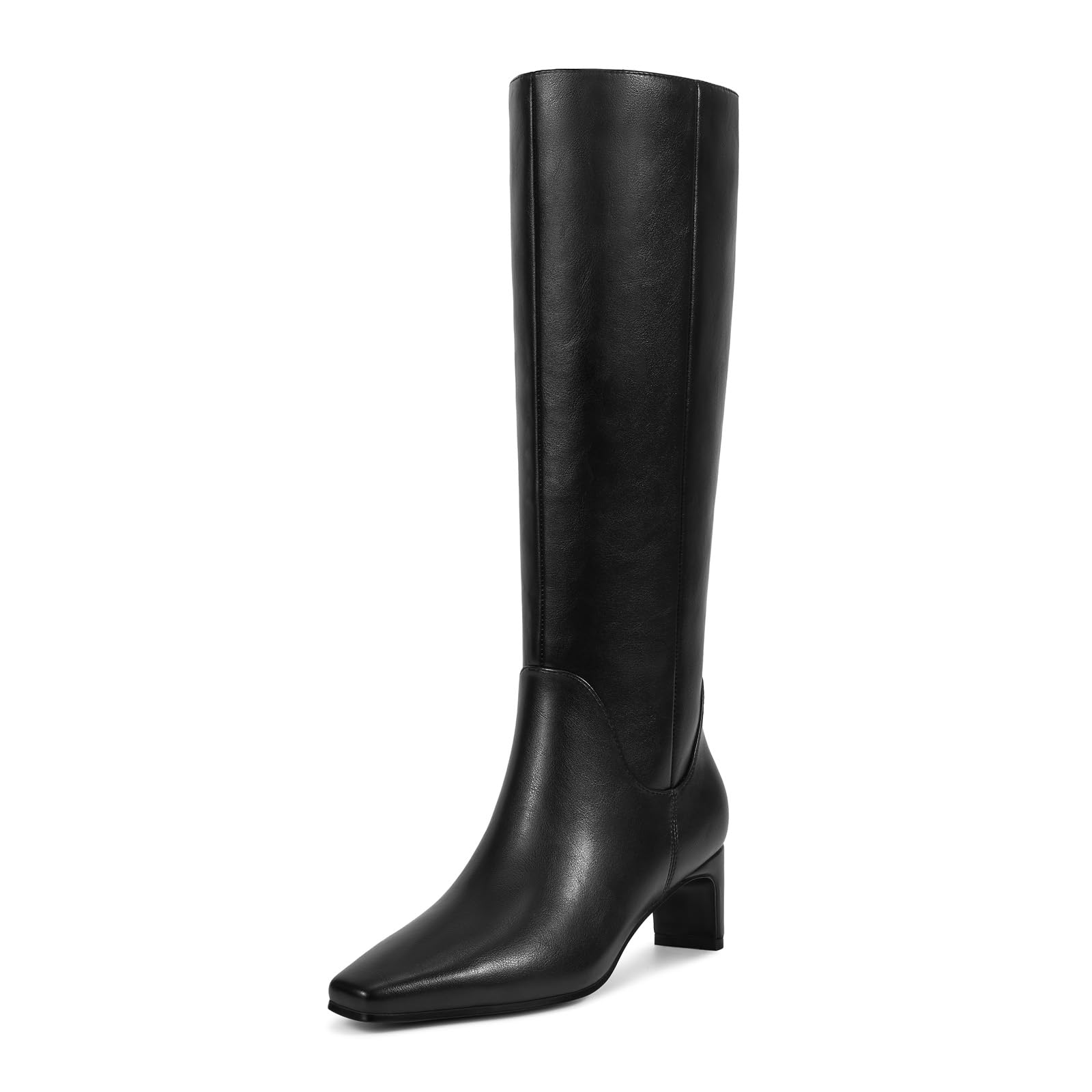 wetkiss Women’s Knee High Boots Chunky Block Heel Tall Boots Knee High Square Toe Long Boot Mid Low Heel Boot with Zipper