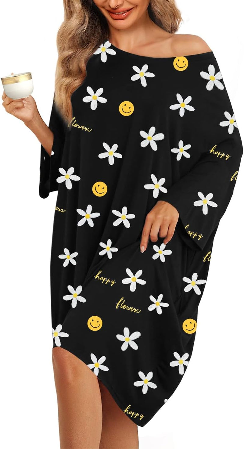 KFUBUO Plus Size Nightgowns for Women Oversized Sleep Tshirts Dress Short Sleeves Sleepwear With Pocket Fit S-5XL-11