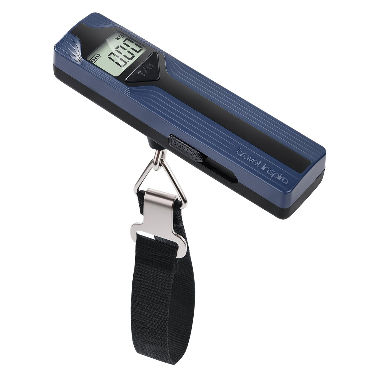 travel inspira Battery-Free Luggage Scale 110lb/50kg Digital Portable | Battery-free luggage scale, pump to power, 110lb/50kg, ±50g, lb/kg switch, tare, overload alert, travel essential
