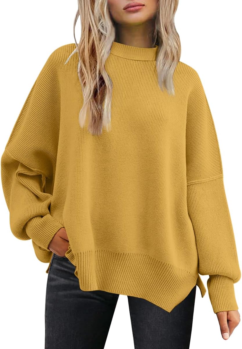 LILLUSORY Women's Oversized Batwing Sweaters 2025 Fall Outfits Trendy Crewneck Knit Side Slit Fashion Pullover Tops-3