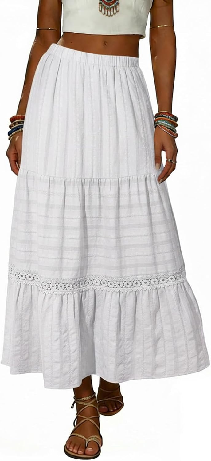 BLENCOT Long Skirts for Women Boho Crochet Lace High Waisted A-Line Cotton Tiered Maxi Skirt