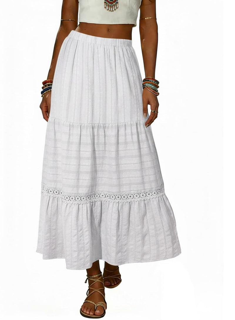 BLENCOT Long Skirts for Women Boho Crochet Lace High Waisted A-Line Cotton Tiered Maxi Skirt
