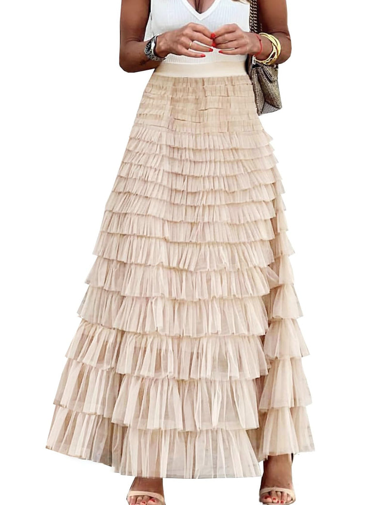 Flygo Women's Long Maxi Tulle Skirts A Line Ruffle High Waisted Tiered Layered Mesh Tutu Skirt Petticoat