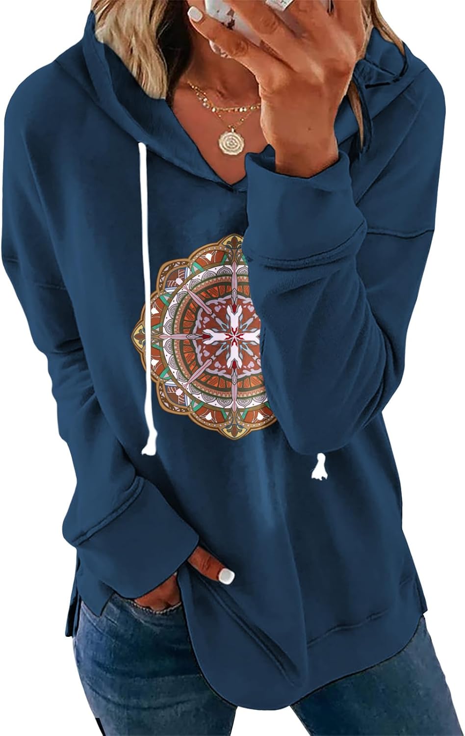 Womens Casual Loose Fit Pullover Sweatshirt with Artistic Print Drawstring Hood Long Sleeve Cotton Blend for Fall-45