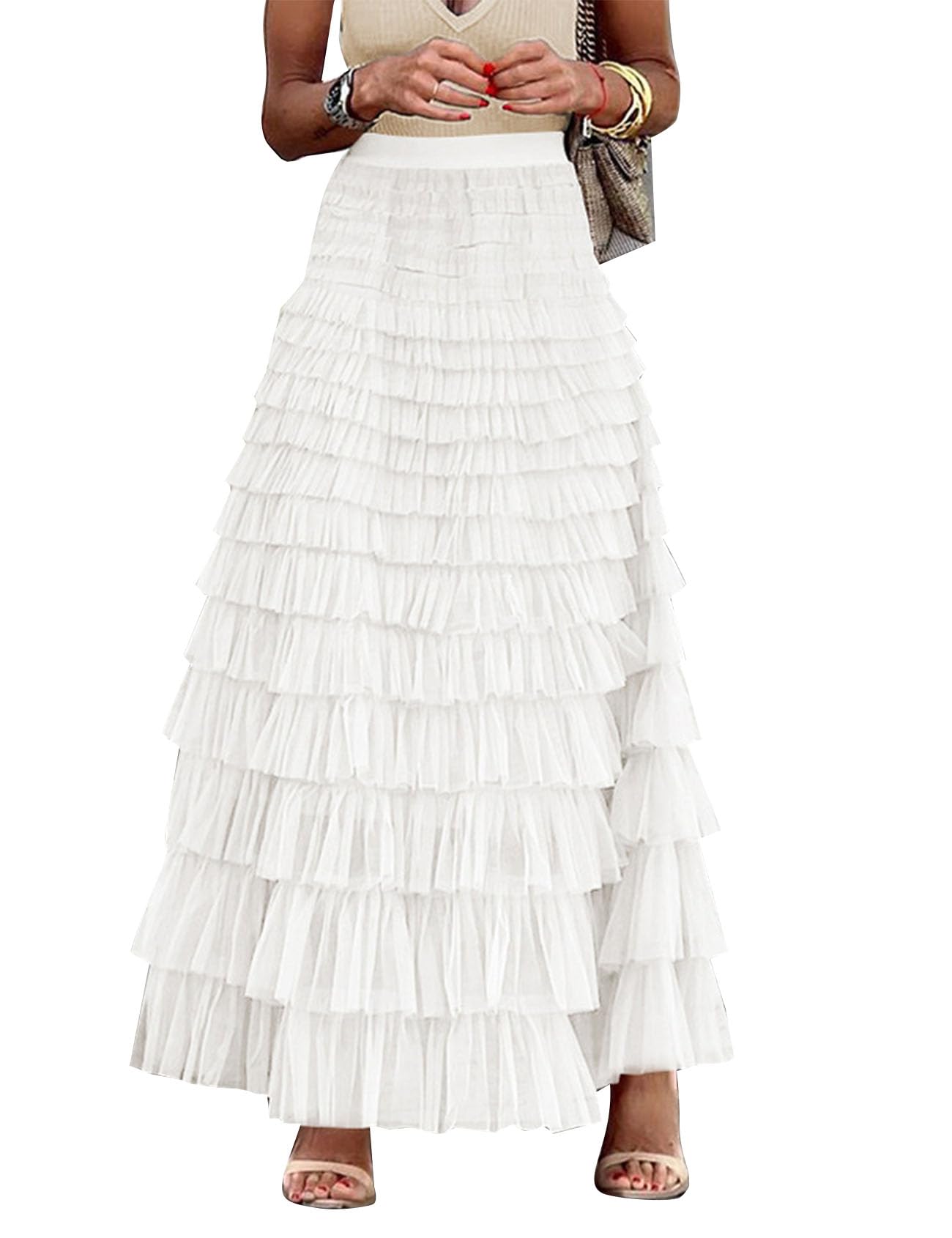 Flygo Women's Long Maxi Tulle Skirts A Line Ruffle High Waisted Tiered Layered Mesh Tutu Skirt Petticoat