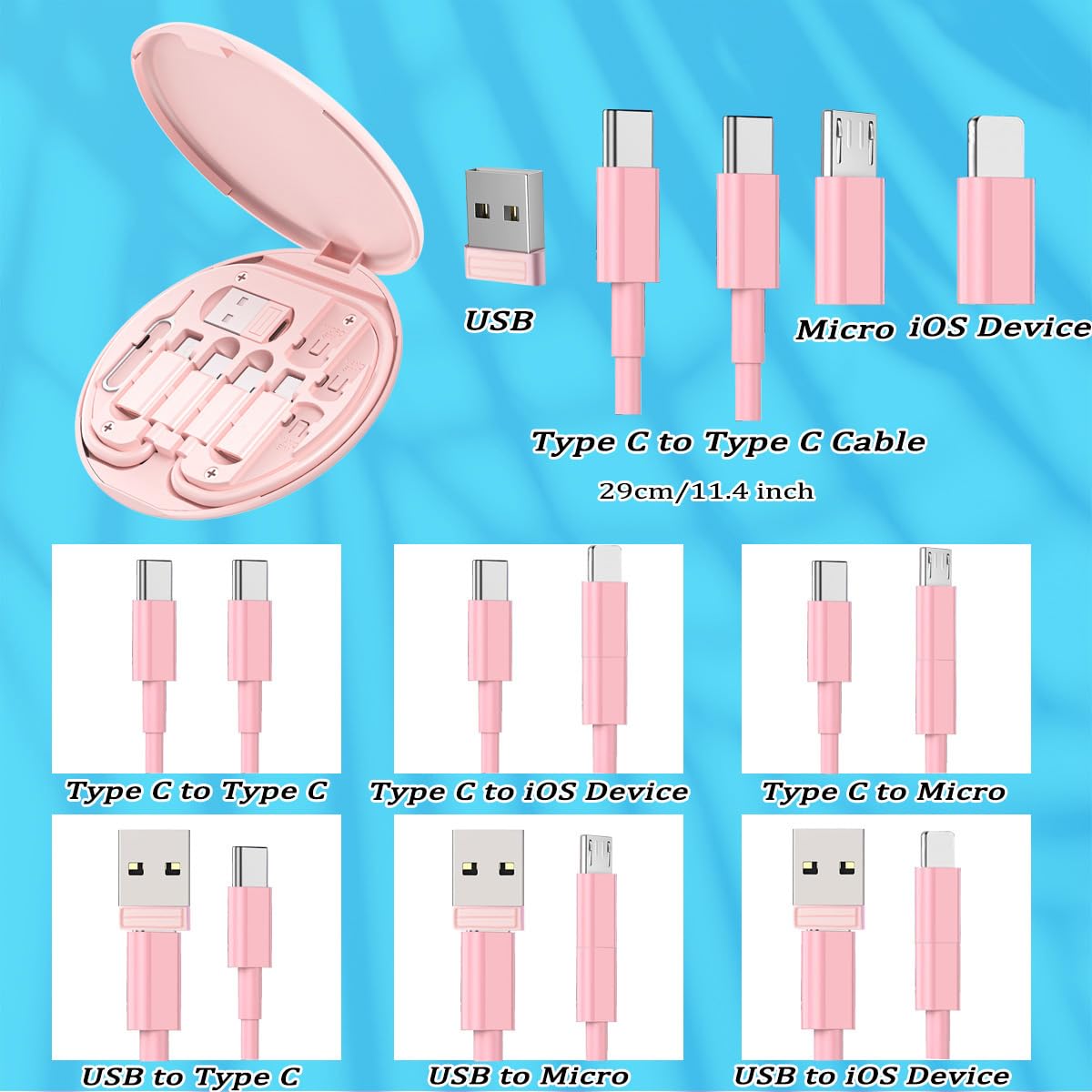 Multi USB Charging Adapter Cable Kit, USB C to iOS Device Adapter Box, Conversion Set A & Type C to Male Micro /Type C/iOS Device, Data Transfer, Card Storage, Tray Eject Pin, Phone Holder (pink)