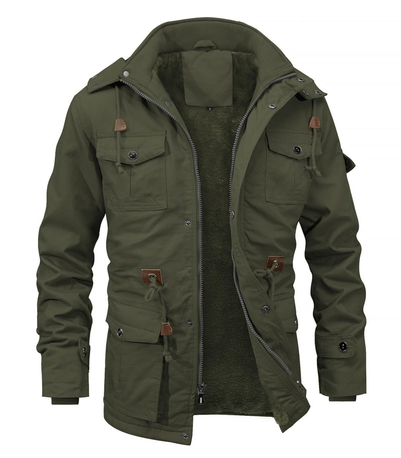 INVACHI Men's Winter Military Jacket, Fleece Lined Hooded Cargo Coat