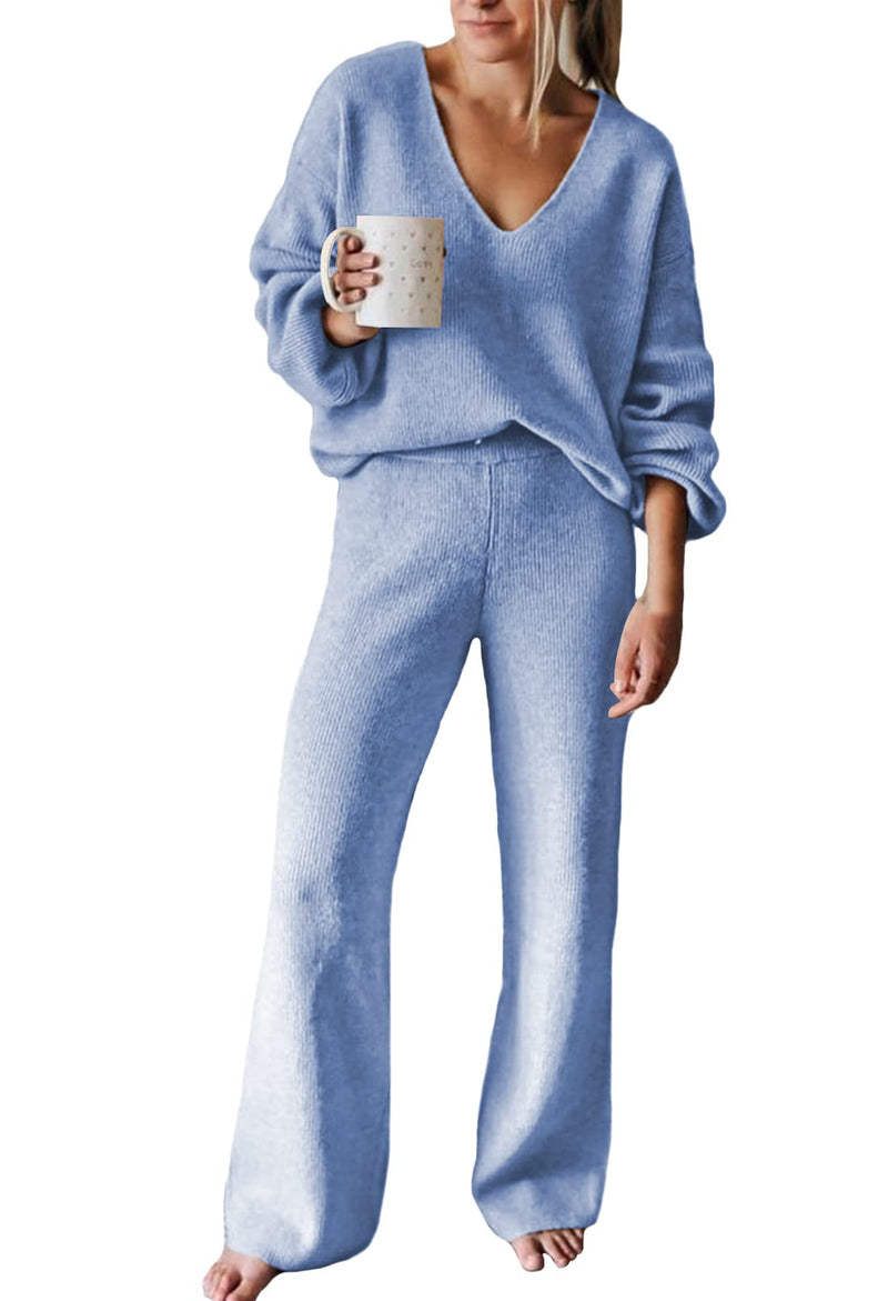 Viottiset Women's 2 Piece Outfits Casual V Neck Knit Wide Leg Sweater Lounge Set Sweatsuit-70