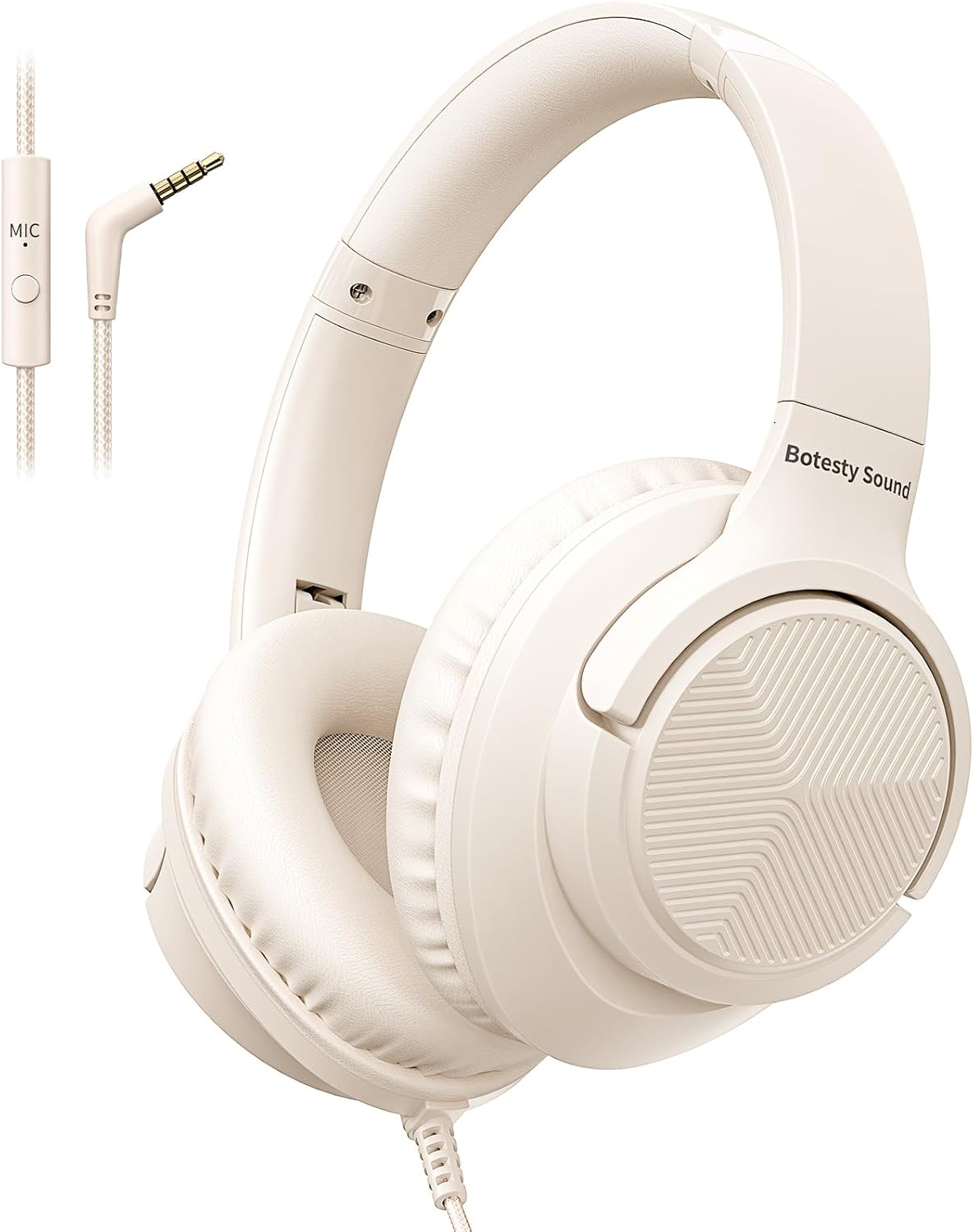 Headphones Wired with Microphone, Over Ear Foldable 3.5mm Plug in Headphones Corded with 4.9ft Tangle-Free Nylon Cord for Tablet, Laptop, MP3/4, School, Airplane Travel (Beige)