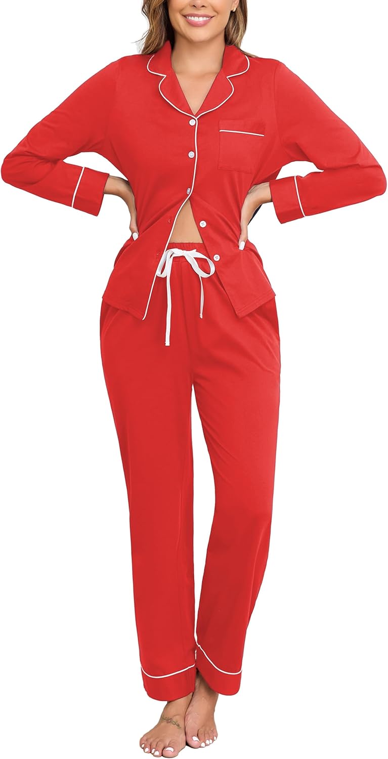 Veseacky 100% Cotton Pajamas for Women Set Long Sleeve Button Down Sleepwear Soft Pjs Lounge Sets with Pockets XS-XXL-60