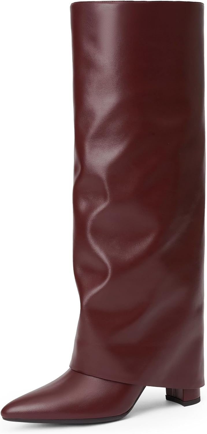 Modatope Knee High Boots Women Fold Over Knee High Boots Chunky High Heels Long Boots Zipper Pointed Toe Dress Tall Boots for Women-50