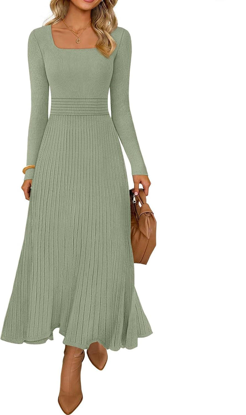 MEROKEETY Women's Sweater Dress 2025 Fall Winter Casual Long Sleeve Square Neck Pleated Church Work Knit Midi Dresses-8