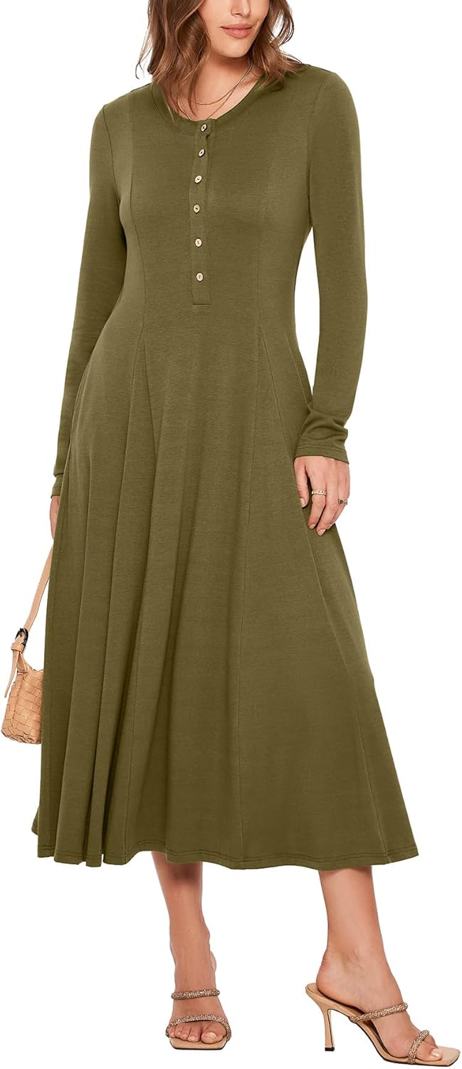 Glamaker Womens Long Sleeve Dress - 2025 Trendy Fashion Crew Neck Button Down Fit & Flare Fall Midi Dresses with Pockets-21