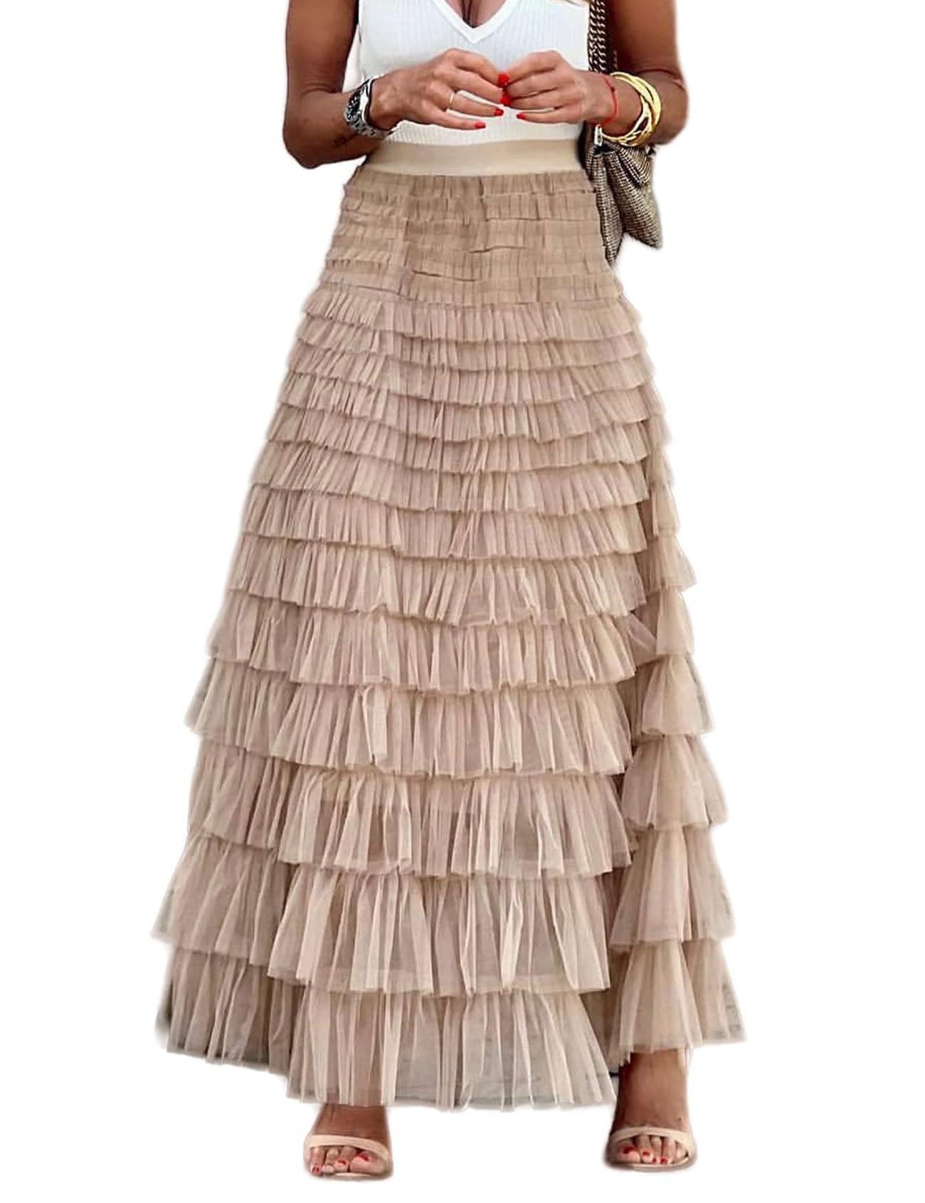 Flygo Women's Long Maxi Tulle Skirts A Line Ruffle High Waisted Tiered Layered Mesh Tutu Skirt Petticoat