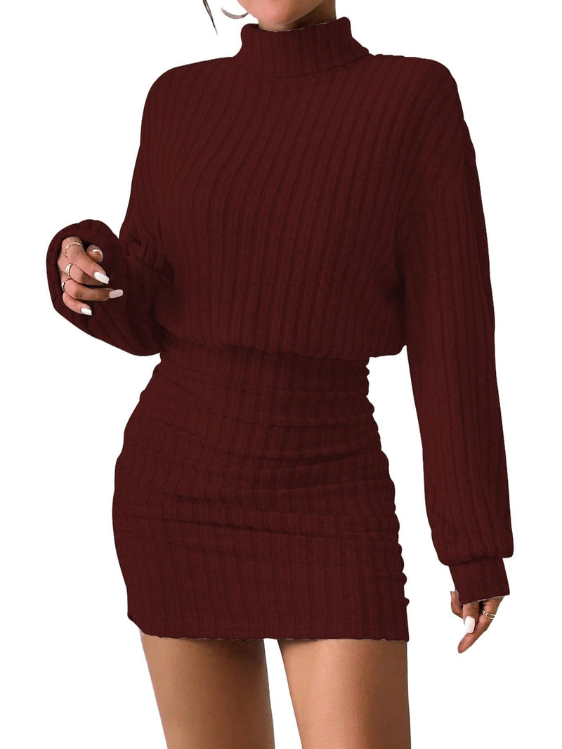 Women's Pullover Sweater Dress Long Lantern Sleeve Turtle Neck Cute Ribbed Knit Bodycon Mini Short Dress 2025 Fall-45