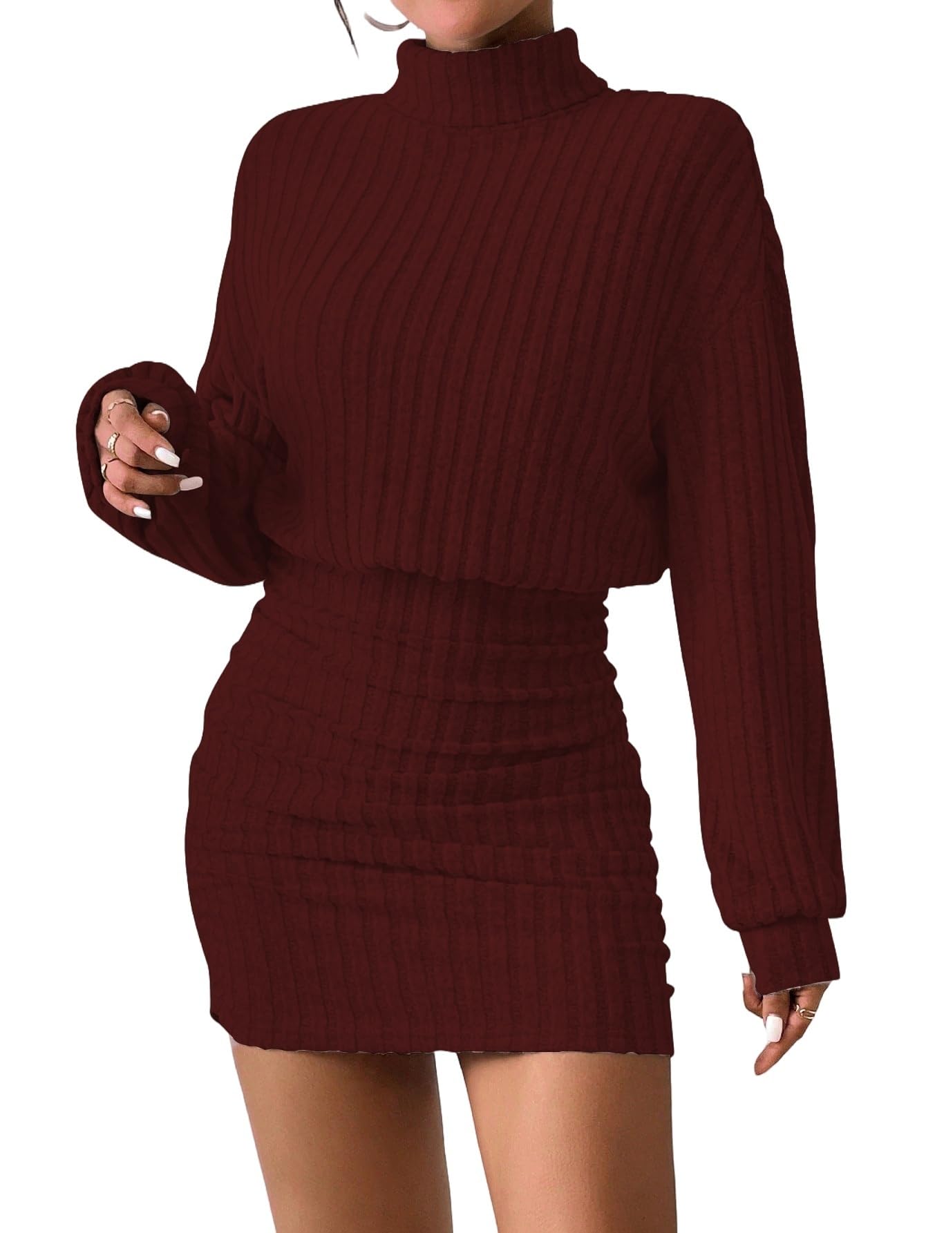 Women's Pullover Sweater Dress Long Lantern Sleeve Turtle Neck Cute Ribbed Knit Bodycon Mini Short Dress 2025 Fall-58