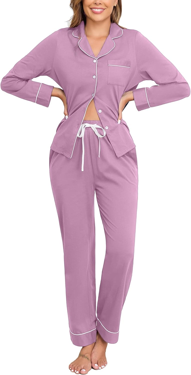 Veseacky 100% Cotton Pajamas for Women Set Long Sleeve Button Down Sleepwear Soft Pjs Lounge Sets with Pockets XS-XXL-59