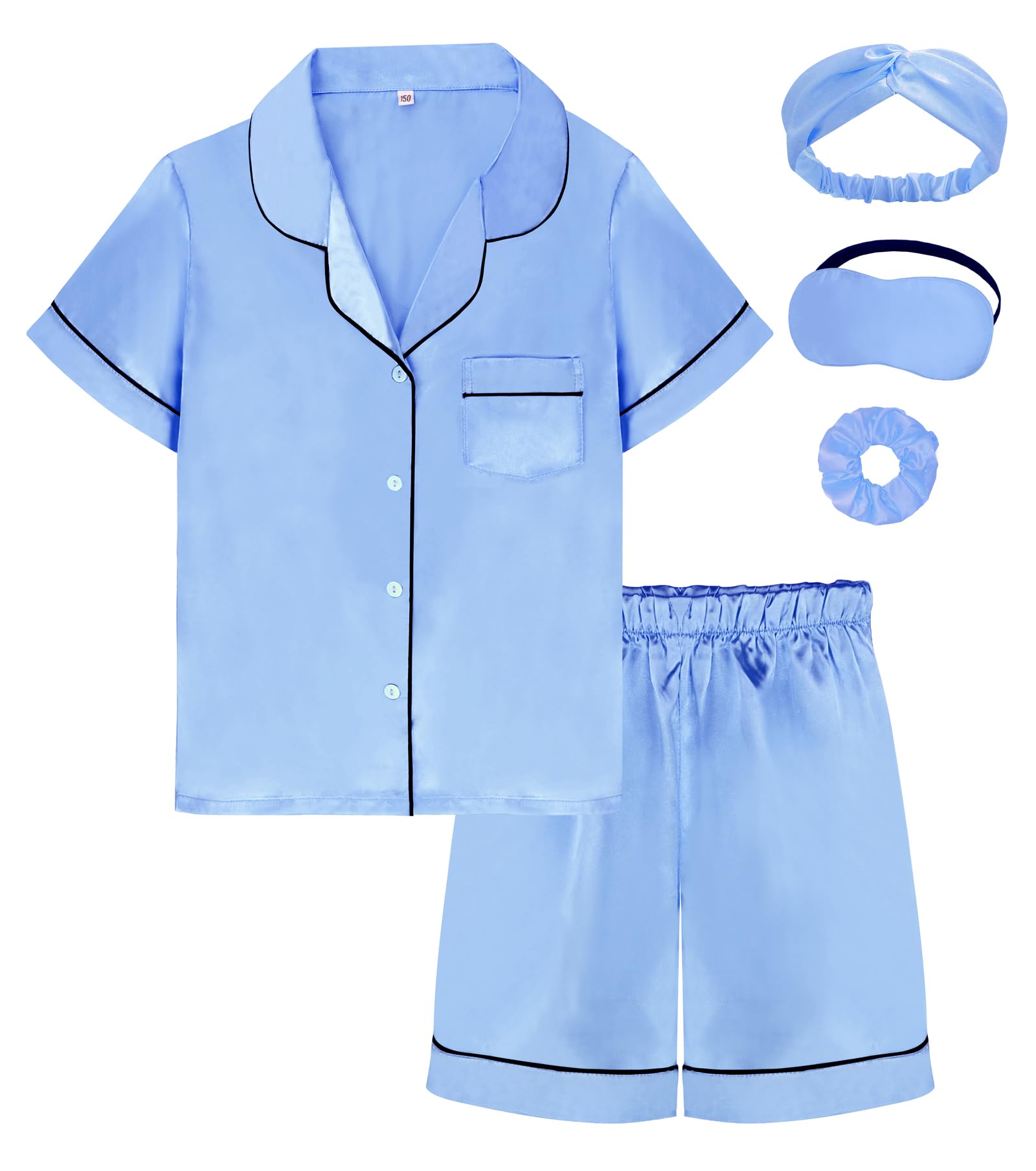 EPLAZA Kids Satin Pajamas Sets Girls Boys Button-Down Silky Pajamas Sleepwear with Hairband Eye Mask Hair Tie