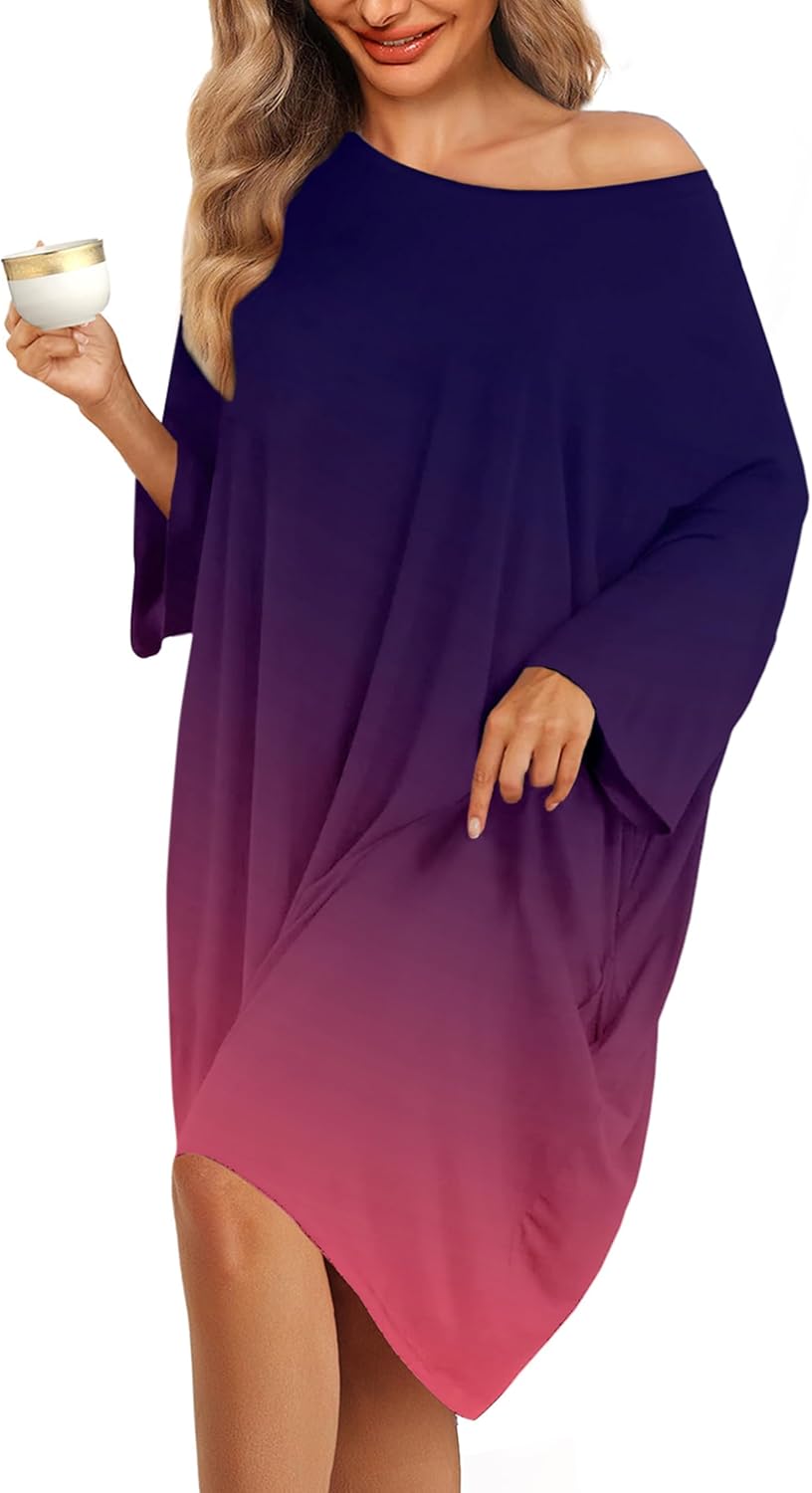 KFUBUO Plus Size Nightgowns for Women Oversized Sleep Tshirts Dress Short Sleeves Sleepwear With Pocket Fit S-5XL-8