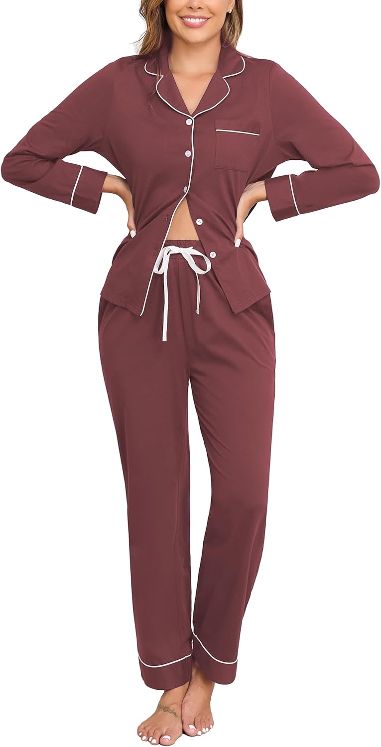Veseacky 100% Cotton Pajamas for Women Set Long Sleeve Button Down Sleepwear Soft Pjs Lounge Sets with Pockets XS-XXL-36