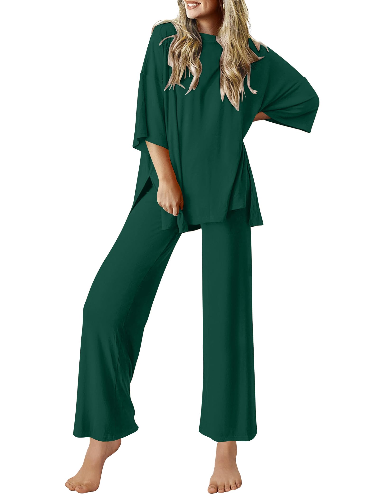 Ekouaer Lounge Sets for Women Short Sleeve Tops and Long Pants Soft Comfy Pajamas Set 2 Piece Outfits S-XXL-29