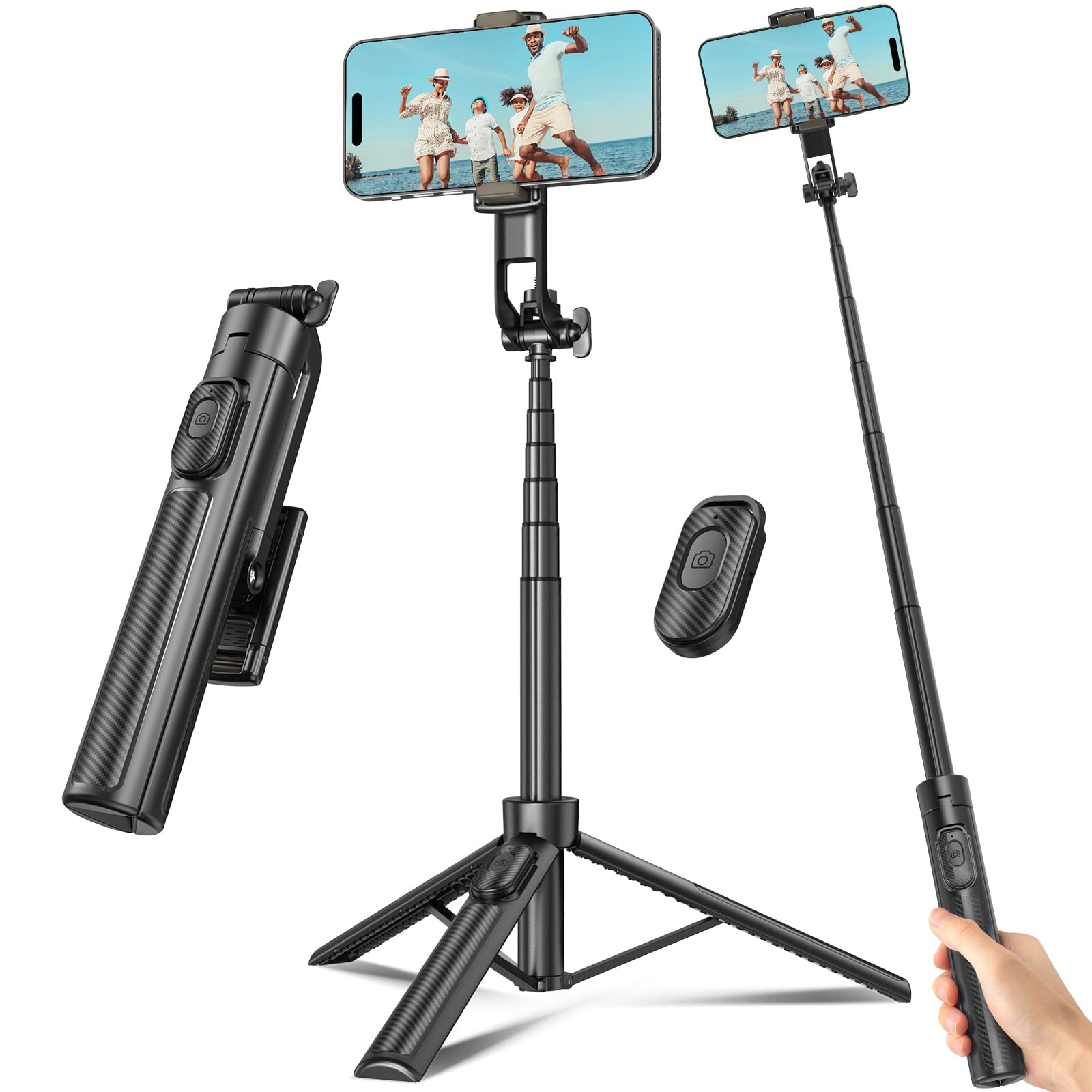 Selfie Stick Travel Tripod for Cell Phone with Remote Control and Phone Holder, Extendable Selfie Stick for iPhone, iPhone Tripod for Video Recording, 72 Inch, Black