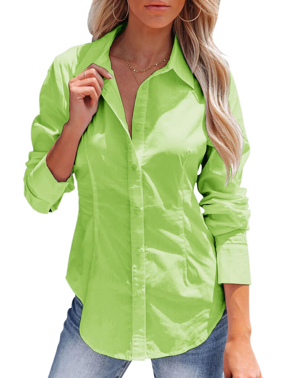 siliteelon Women's Button Down Shirts Long Sleeve Dress Shirts Wrinkle Free Collared Work Office Solid Blouses Corset Tops-24