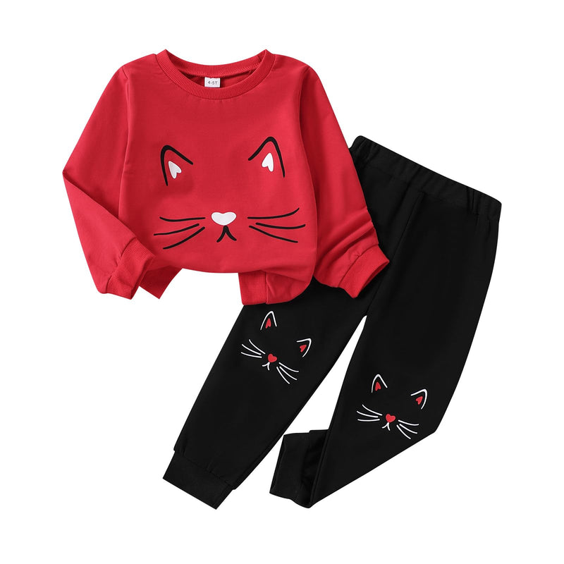 4-8T Toddler Girl Clothes Cat face print Short Sleeve Top+Pants Outfits Girl Spring and summer 2-Piece Set