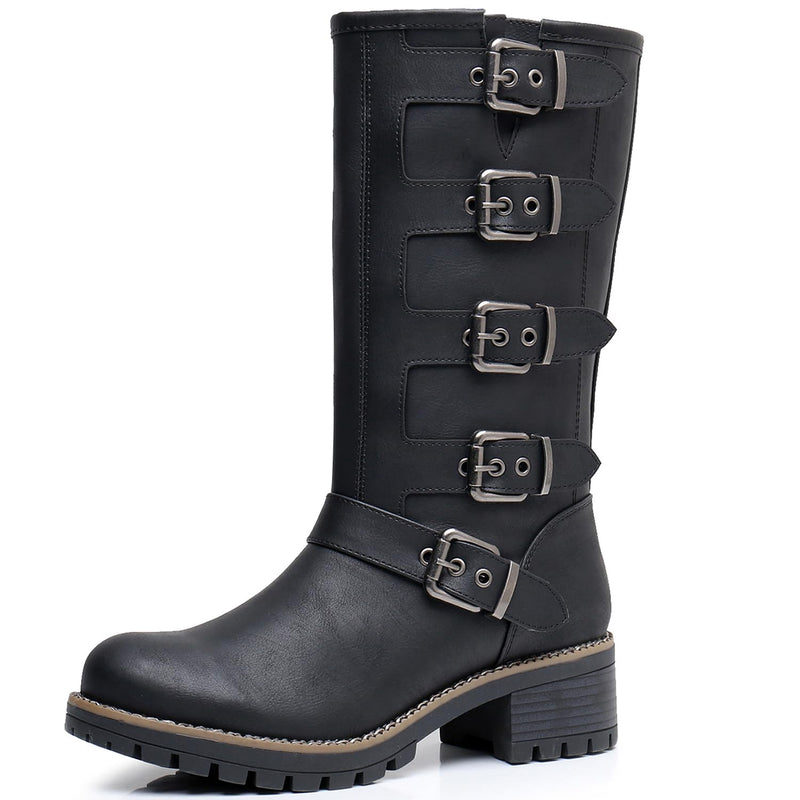 GLOBALWIN Women's Mid Calf Moto Boots With Buckle Straps