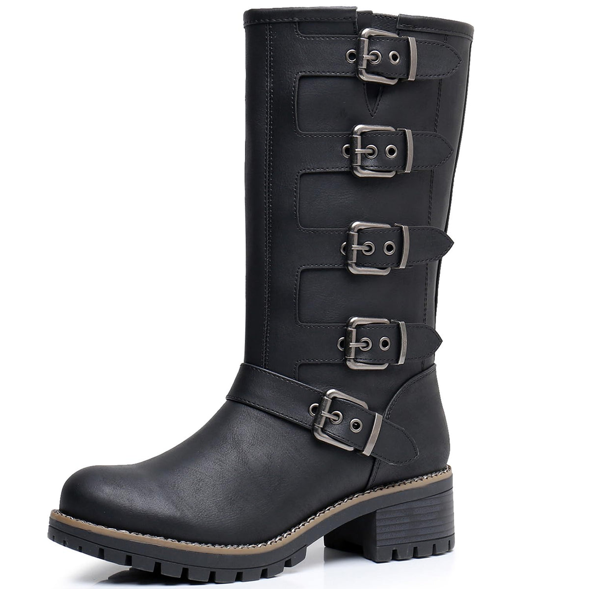 GLOBALWIN Women's Mid Calf Moto Boots With Buckle Straps