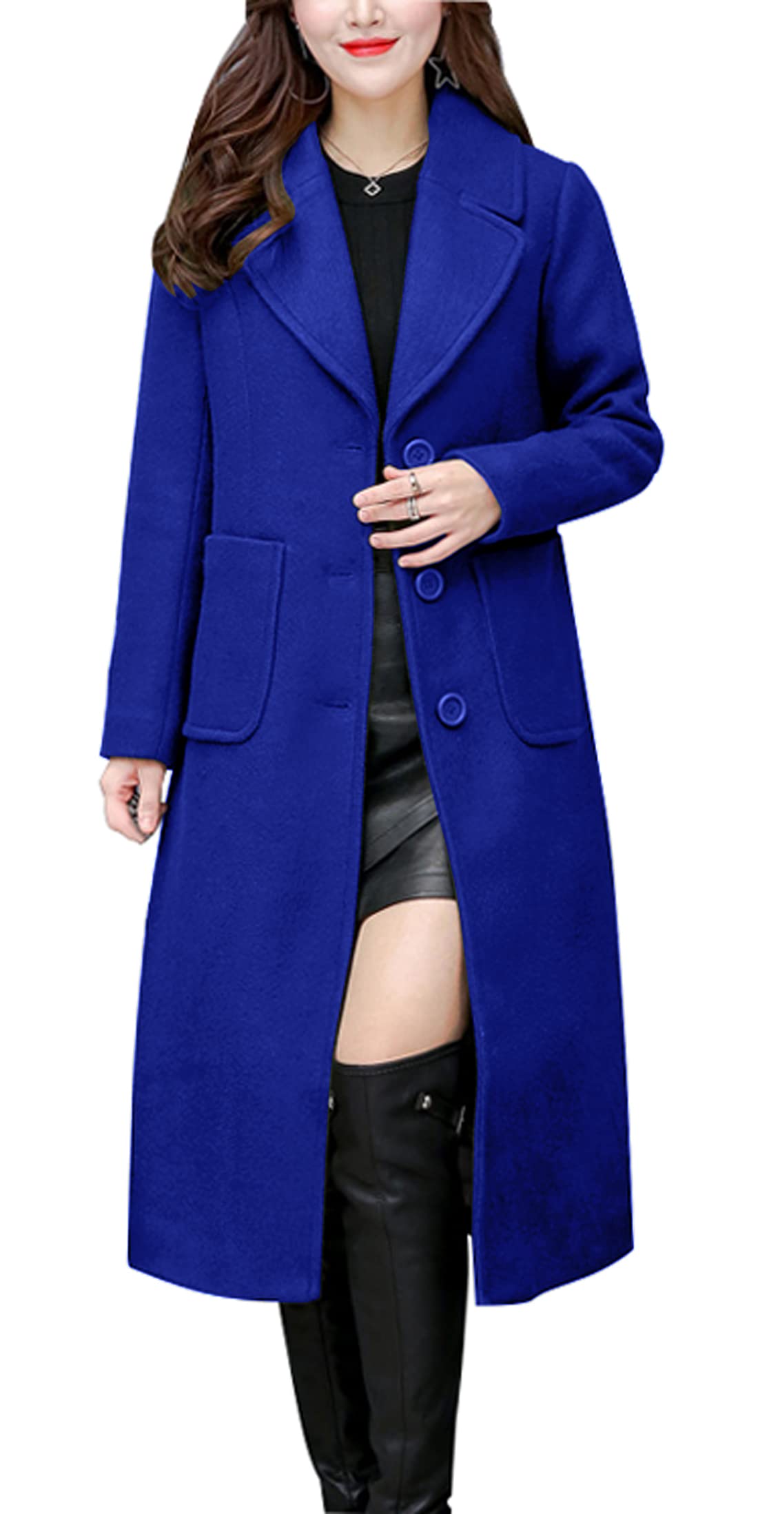 chouyatou Women's Big Notch Lapel Single Breasted Mid-Long Wool Blend Coat-9