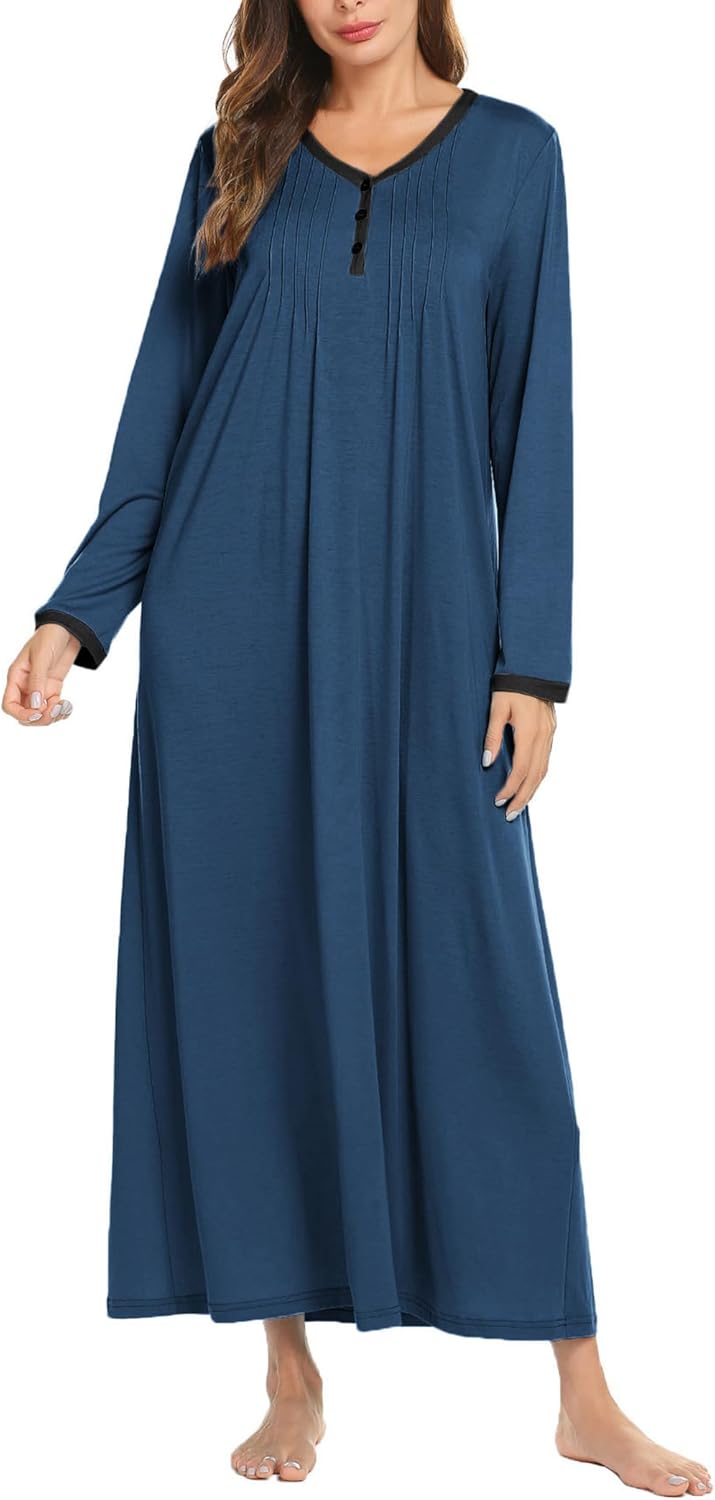 Ekouaer Women's Long Sleeve Nightgown Full Length Sleepwear Long Sleepshirts Henley Sleep Dress S-4XL-60