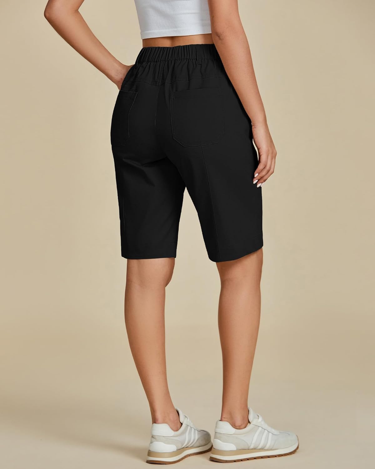 luvamia Bermuda Shorts for Women Knee Length High Waisted Cotton Elastic Waist Summer Dressy Casual Long Chino Shorts