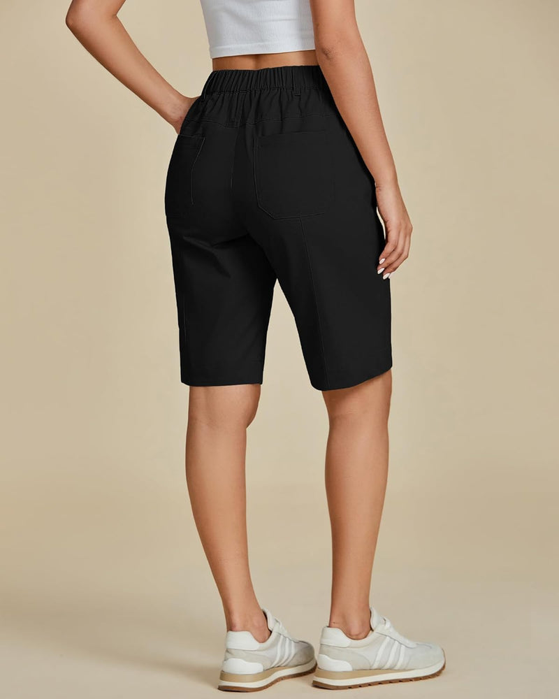 luvamia Bermuda Shorts for Women Knee Length High Waisted Cotton Elastic Waist Summer Dressy Casual Long Chino Shorts