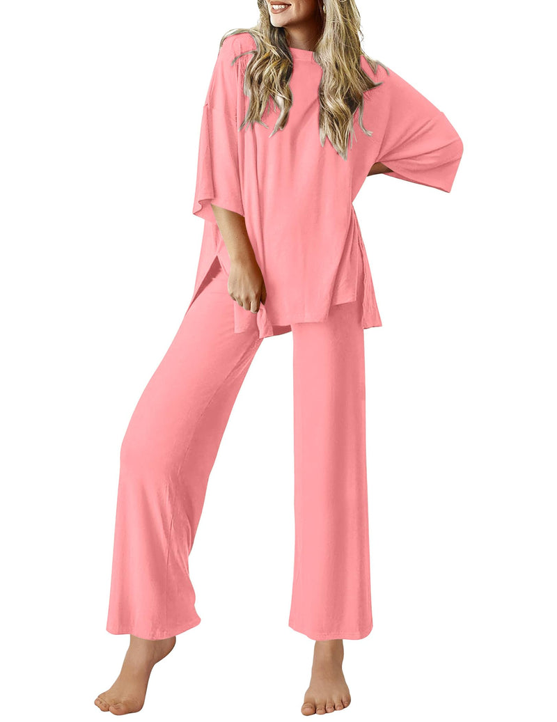 Ekouaer Lounge Sets for Women Short Sleeve Tops and Long Pants Soft Comfy Pajamas Set 2 Piece Outfits S-XXL-28