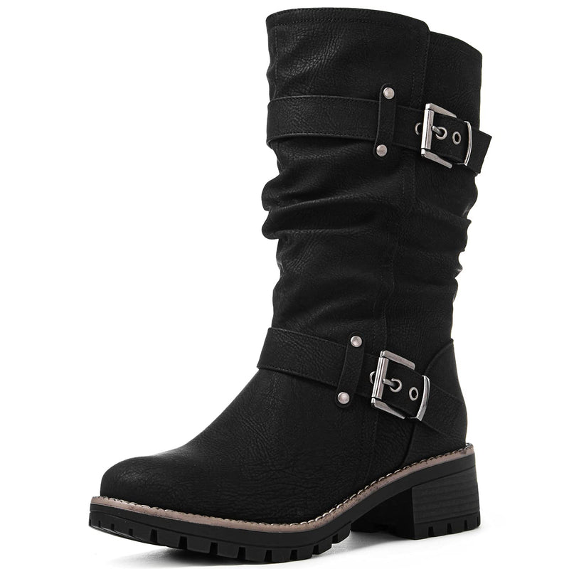 GLOBALWIN Women's Mid Calf Moto Boots With Buckle Straps