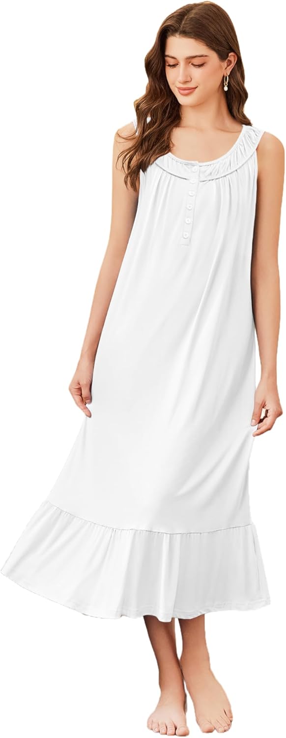 Ekouaer Nightgowns for Women Sleeveless Night Gown with Pockets Long Ladies Nightdress Soft Sleepwear White