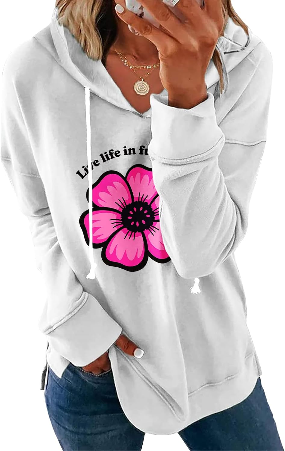 Womens Casual Loose Fit Pullover Sweatshirt with Artistic Print Drawstring Hood Long Sleeve Cotton Blend for Fall
