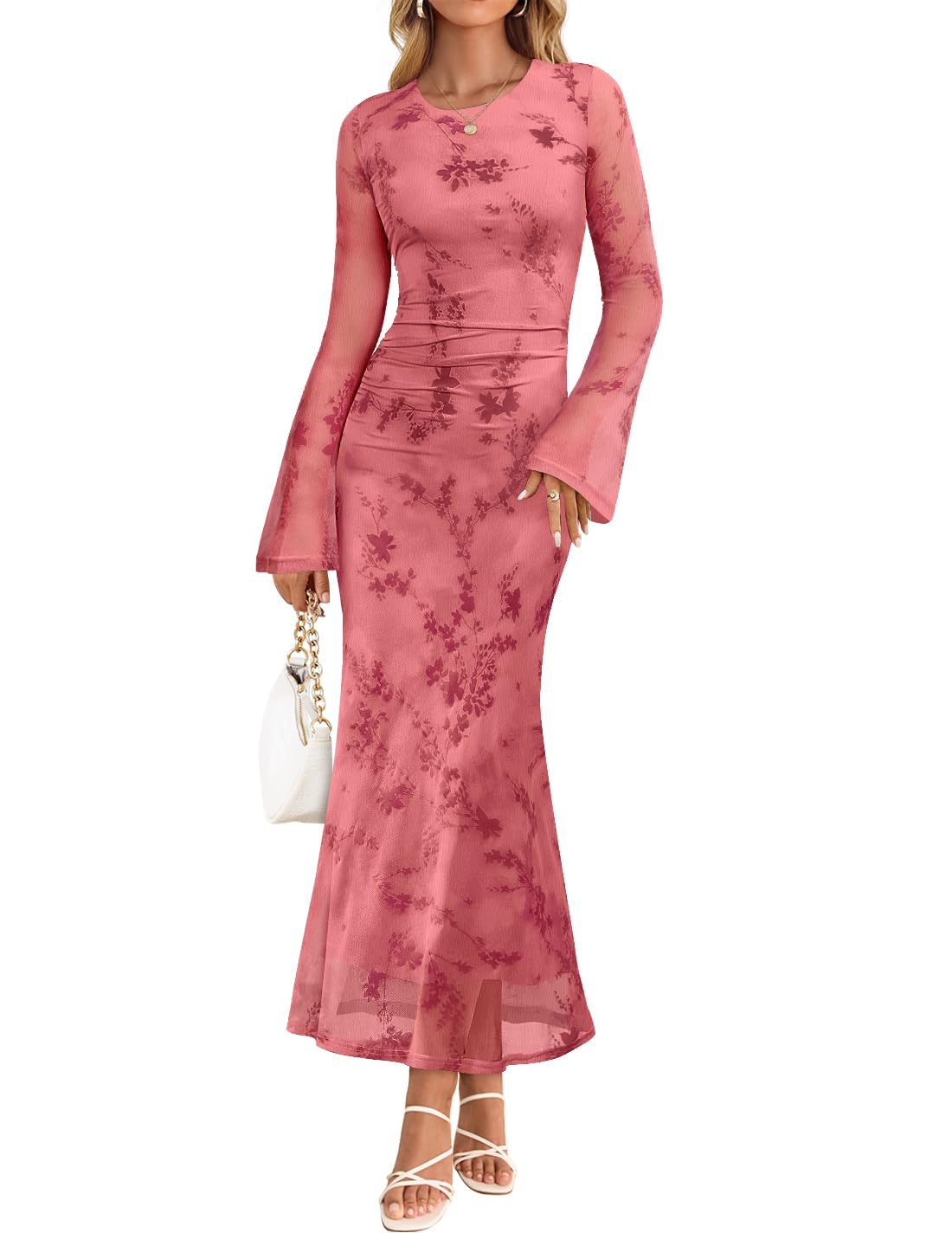 ZESICA Women's Long Sleeve Floral Bodycon Dress 2026 Spring Fall Ruched Mesh Wedding Guest Cocktail Party Maxi Dresses-27