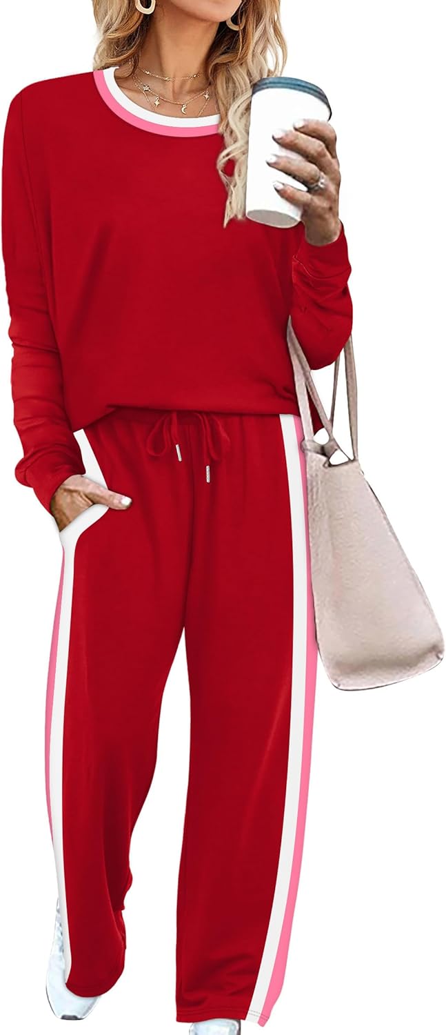 WIHOLL 2 Piece Lounge Sets for Women Long Sleeve Tops Wide Leg Sweatpants Sweatsuits with Pockets-39
